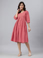 Janasya Bright Cotton Solid Gathered Dress