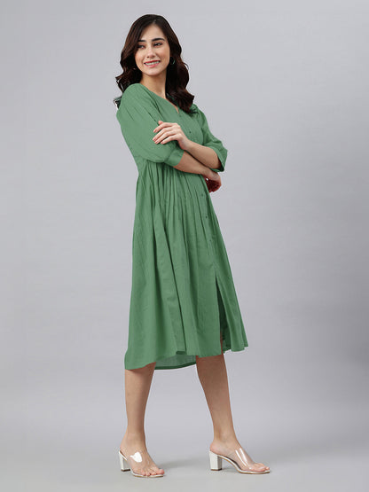 Janasya Bright Cotton Solid Gathered Dress