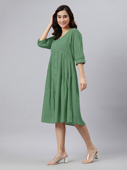 Janasya Bright Cotton Solid Gathered Dress