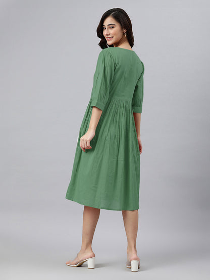 Janasya Bright Cotton Solid Gathered Dress