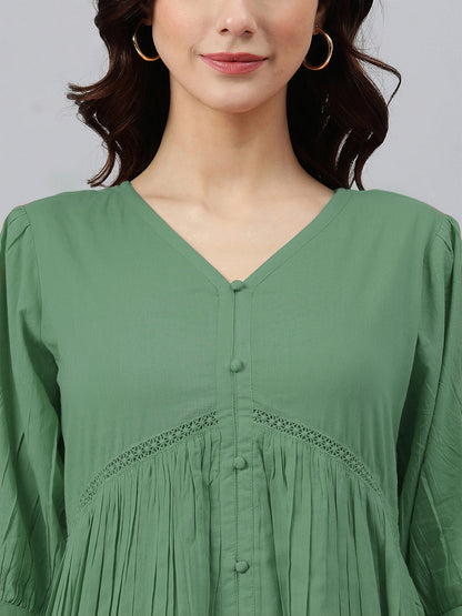 Janasya Bright Cotton Solid Gathered Dress
