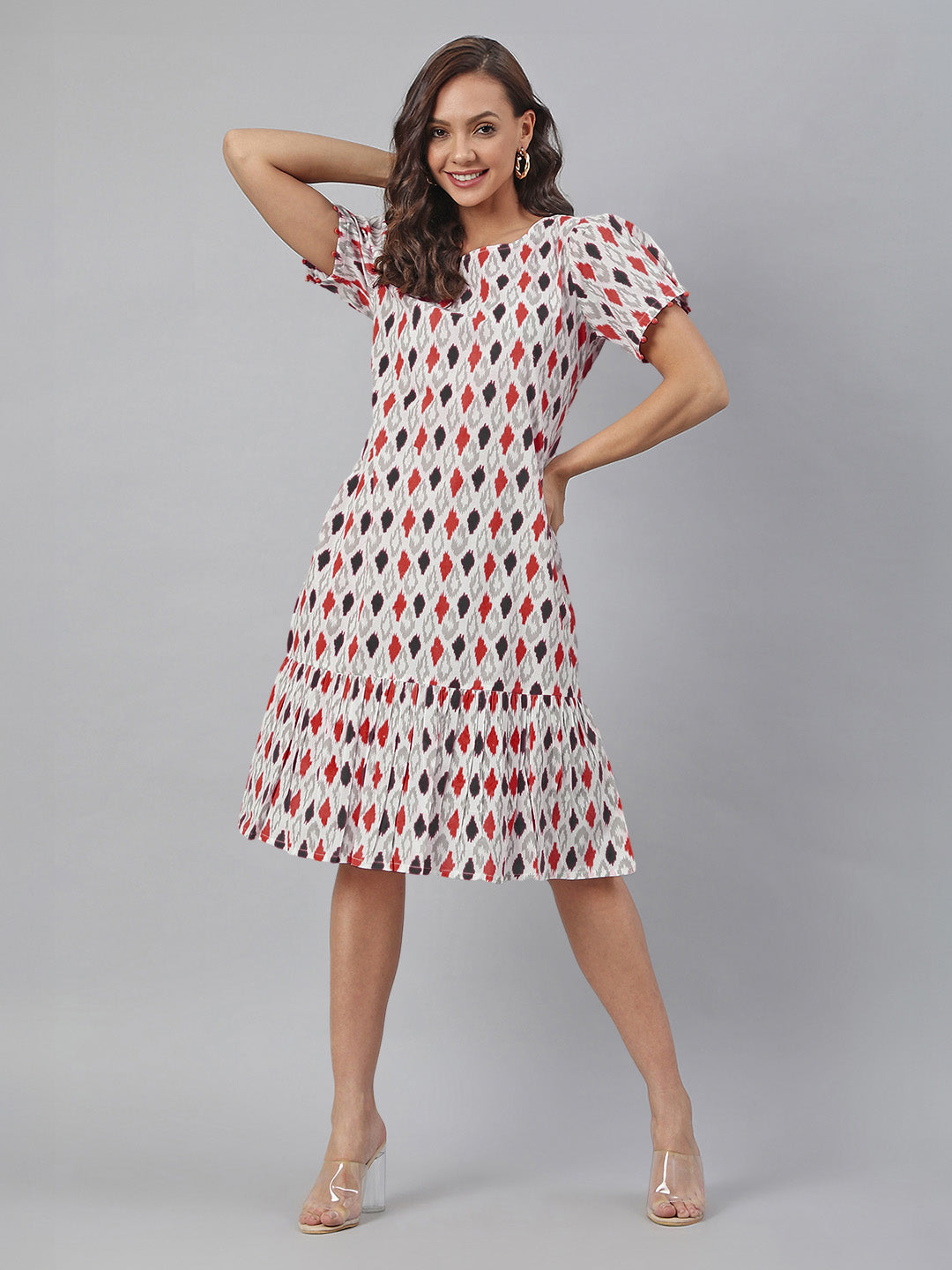 Janasya Bright Cotton Ikkat A-Line Dress