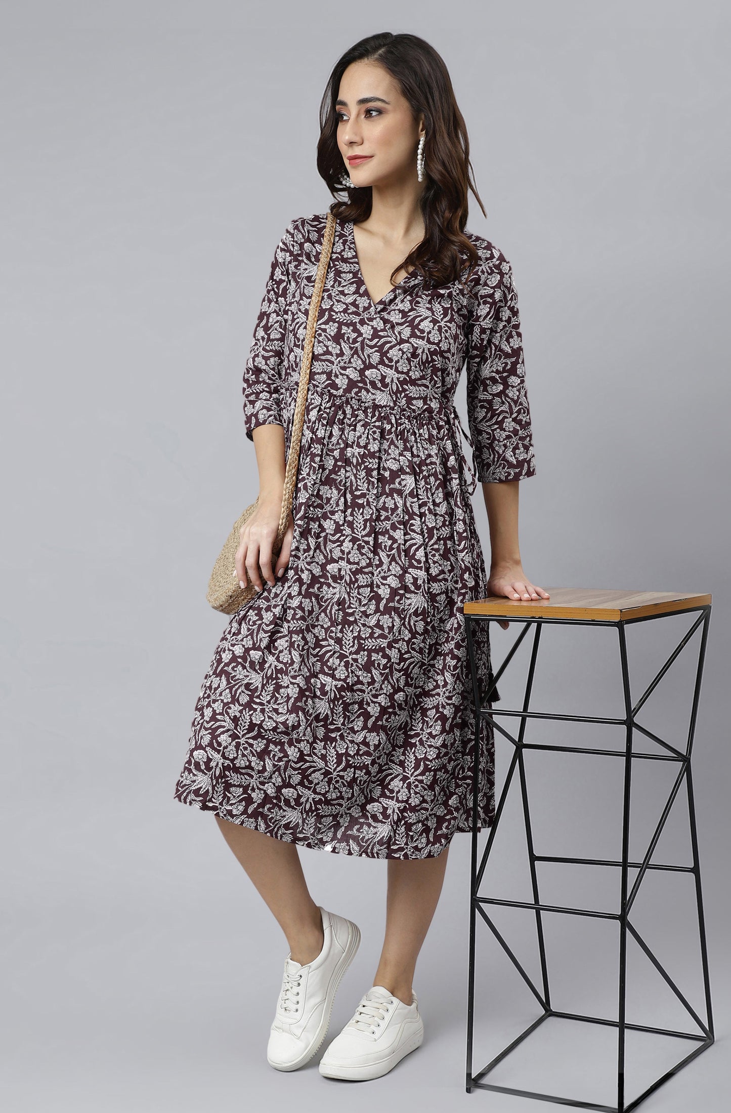 Janasya Dark Cotton Floral Angrakha Dress