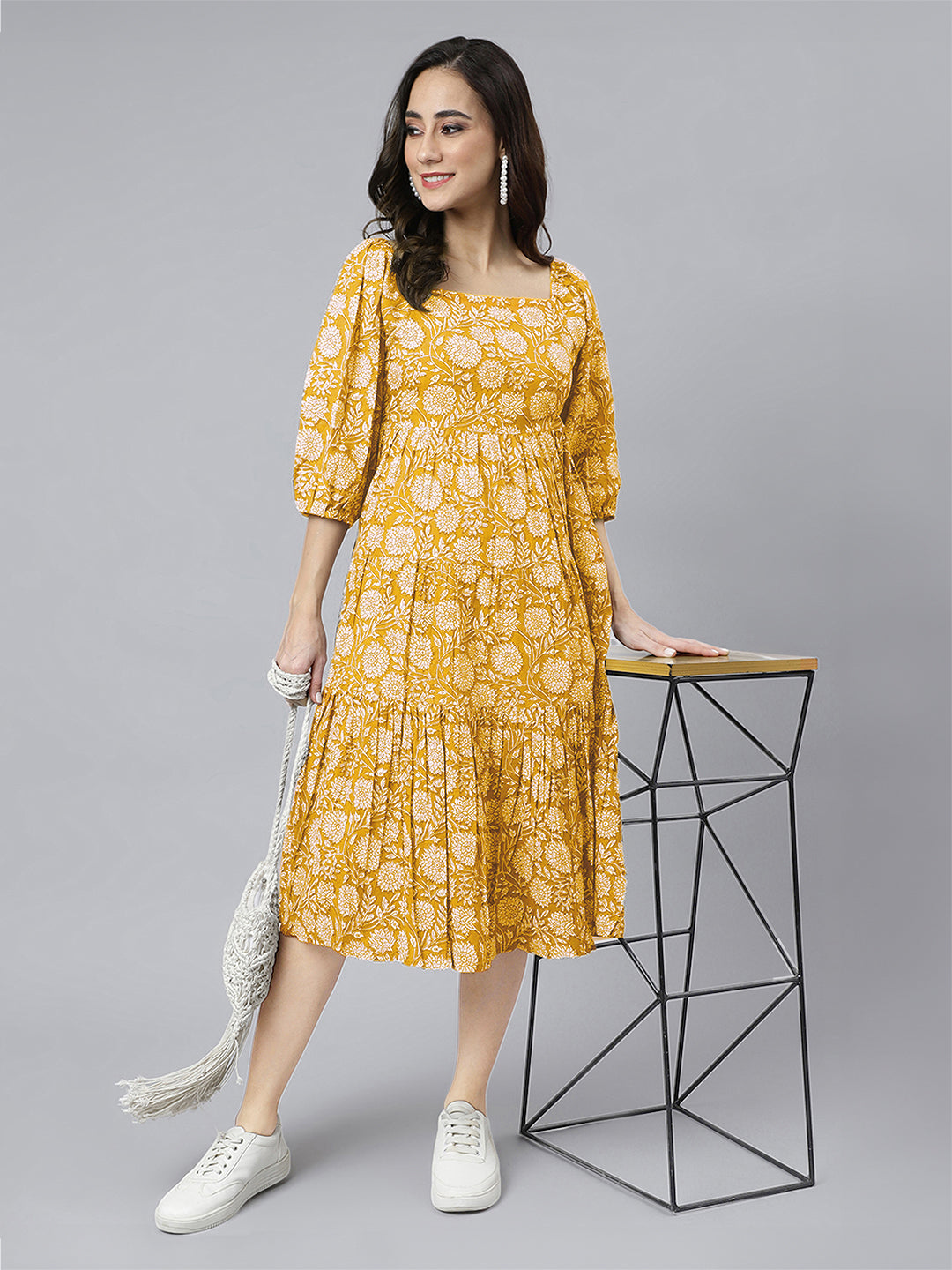 Janasya Bright Cotton Floral Tiered Dress