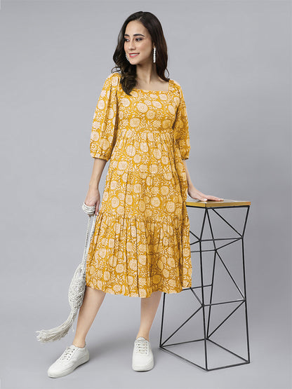 Janasya Bright Cotton Floral Tiered Dress