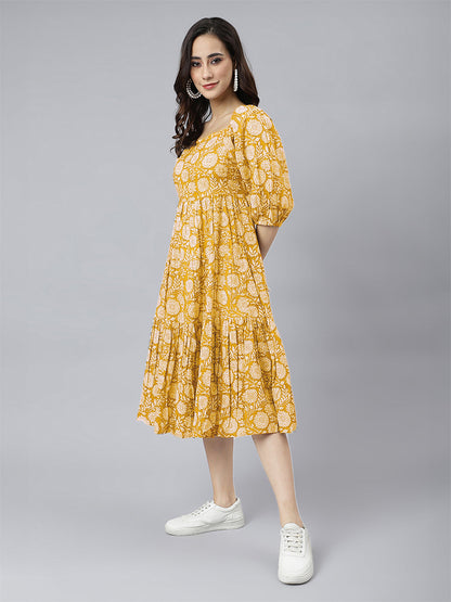 Janasya Bright Cotton Floral Tiered Dress
