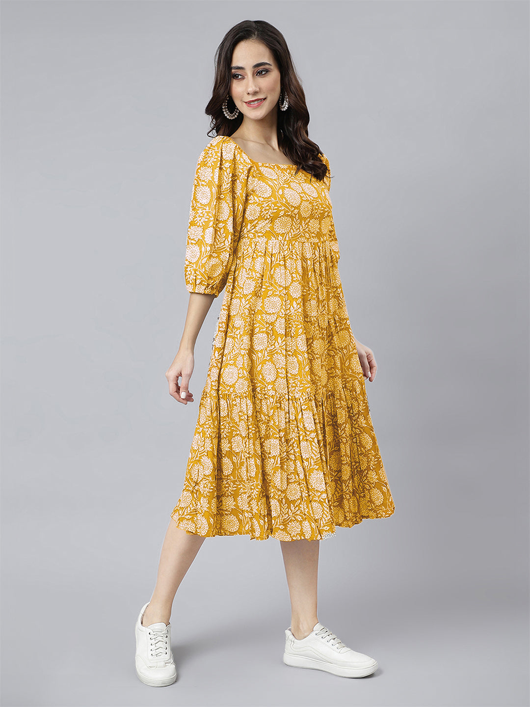 Janasya Bright Cotton Floral Tiered Dress