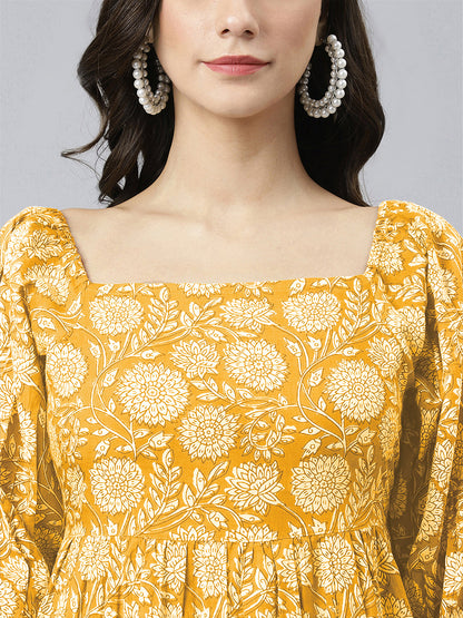 Janasya Bright Cotton Floral Tiered Dress