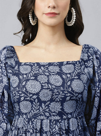 Janasya Bright Cotton Floral Tiered Dress