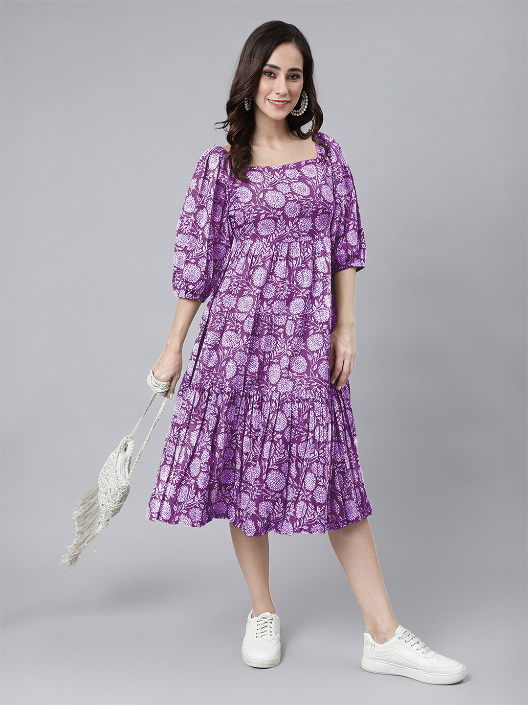 Janasya Bright Cotton Floral Tiered Dress