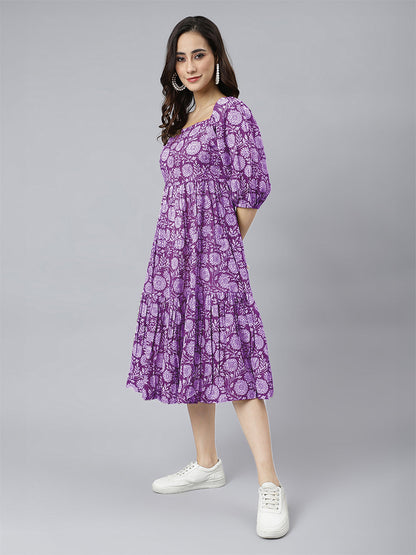 Janasya Bright Cotton Floral Tiered Dress