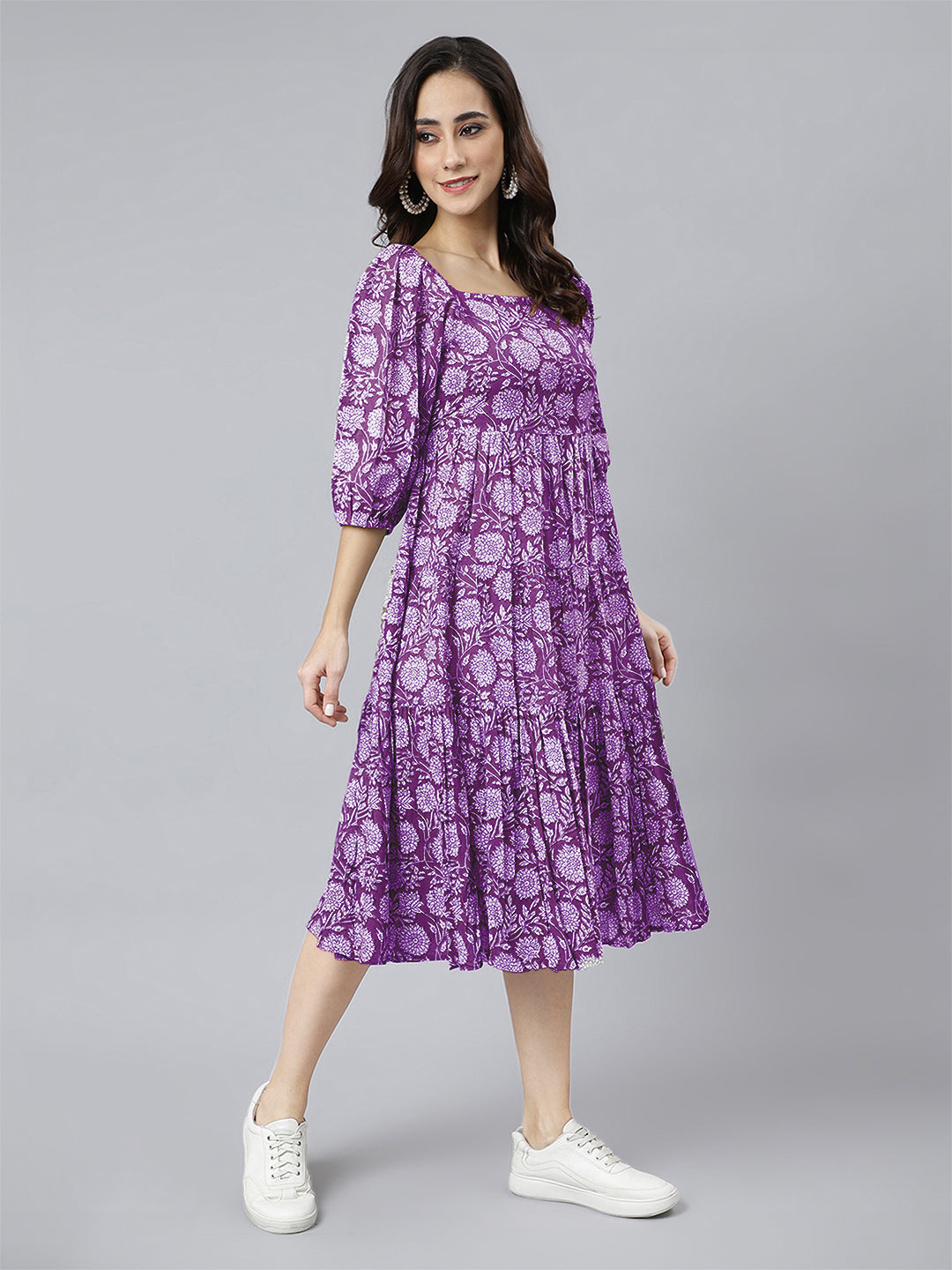 Janasya Bright Cotton Floral Tiered Dress