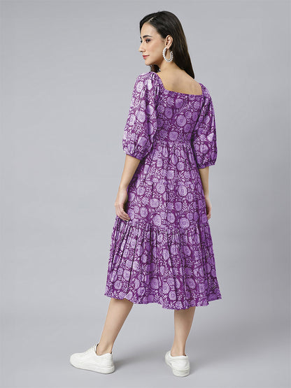 Janasya Bright Cotton Floral Tiered Dress