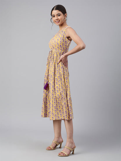 Janasya Bright Cotton Floral Tiered Dress