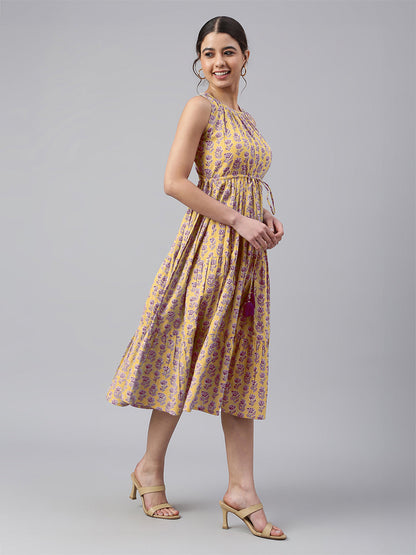 Janasya Bright Cotton Floral Tiered Dress