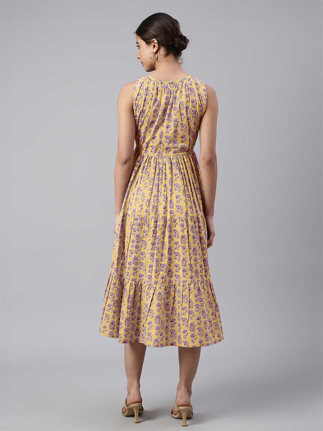 Janasya Bright Cotton Floral Tiered Dress