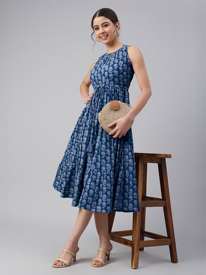 Janasya Bright Cotton Floral Tiered Dress