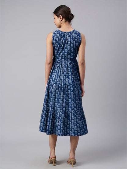 Janasya Bright Cotton Floral Tiered Dress