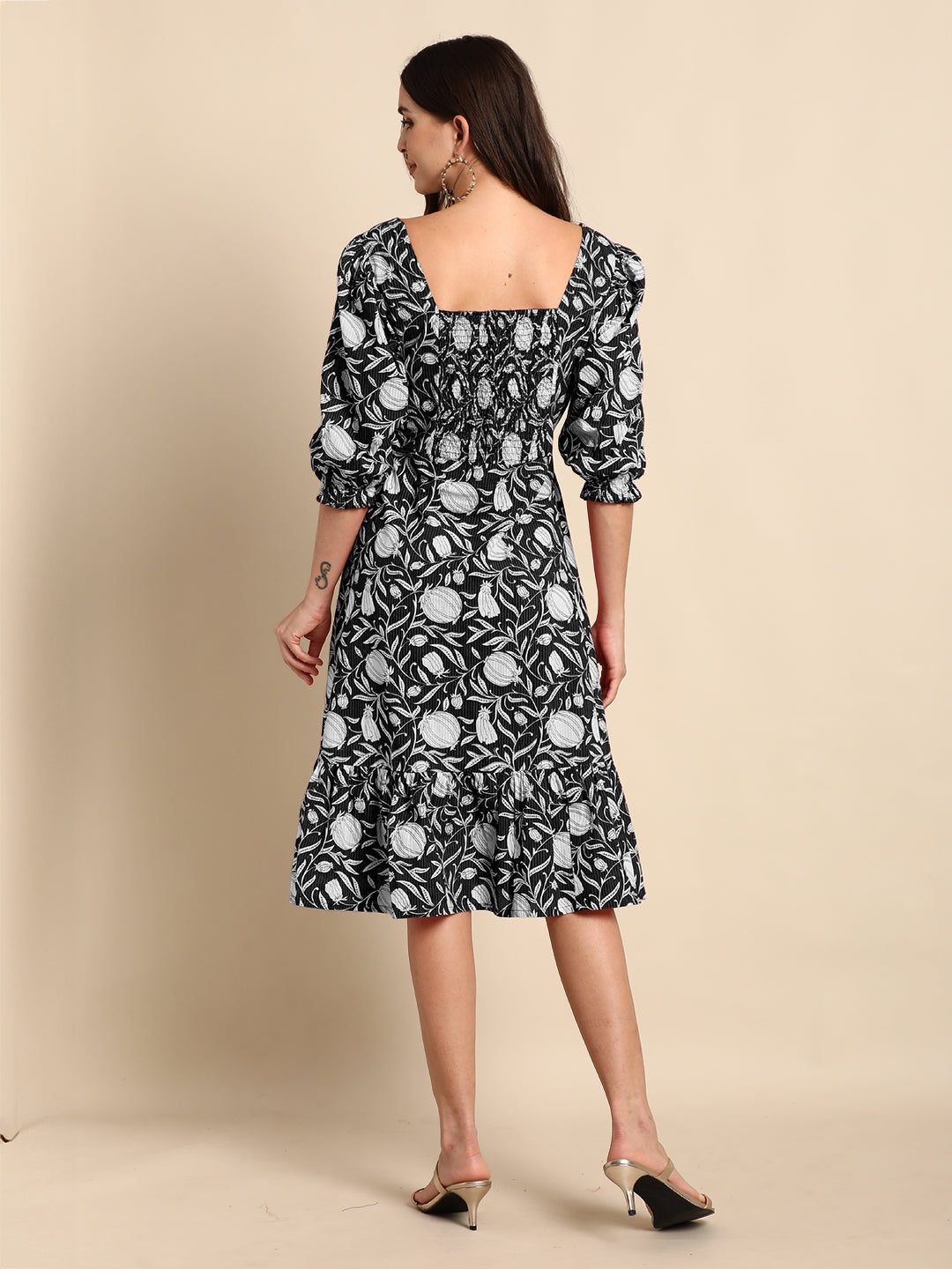 Janasya Dark Cotton Floral A-Line Dress