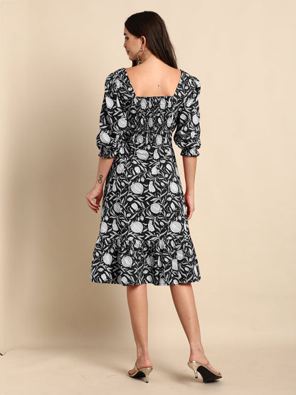Janasya Dark Cotton Floral A-Line Dress