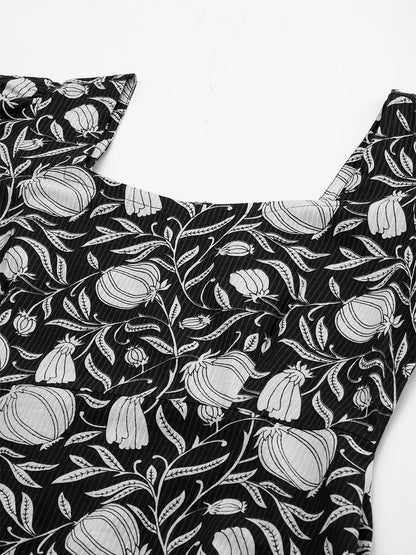 Janasya Dark Cotton Floral A-Line Dress