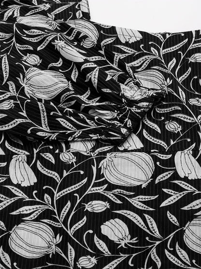 Janasya Dark Cotton Floral A-Line Dress