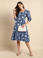 Janasya Dark Cotton Floral A-Line Dress