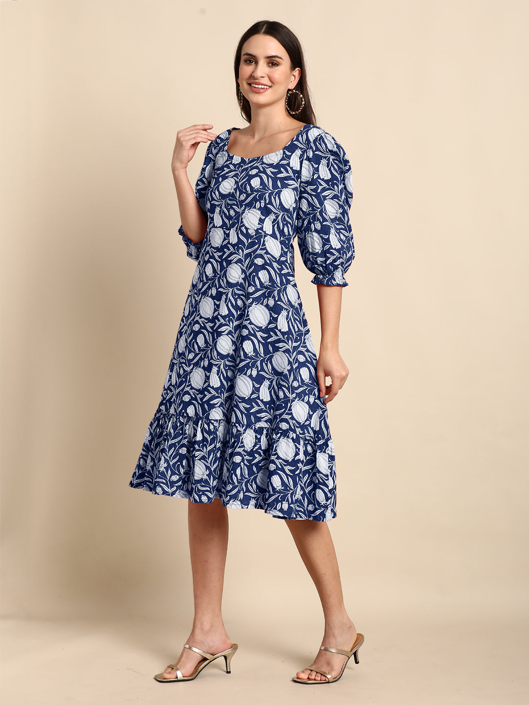 Janasya Dark Cotton Floral A-Line Dress