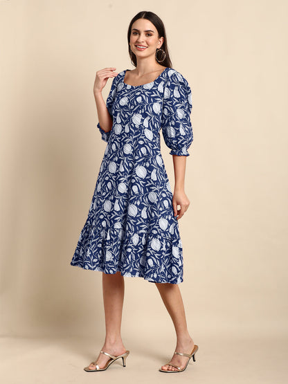 Janasya Dark Cotton Floral A-Line Dress