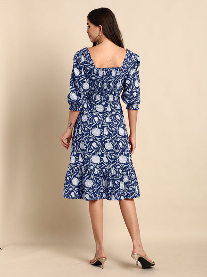 Janasya Dark Cotton Floral A-Line Dress