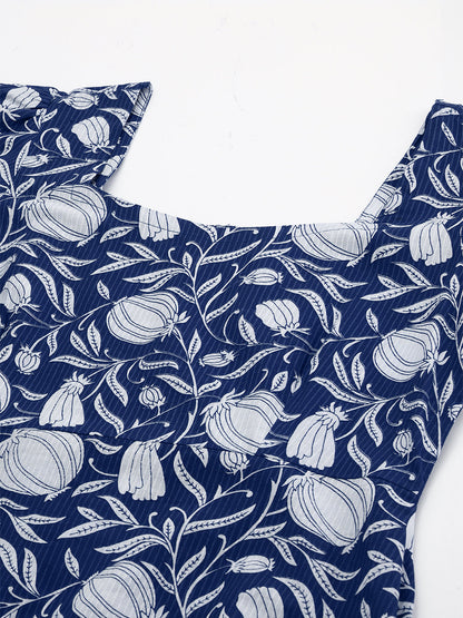 Janasya Dark Cotton Floral A-Line Dress
