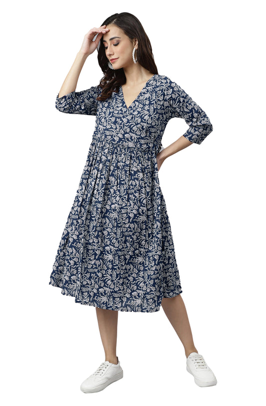 Janasya Dark Cotton Floral Angrakha Dress