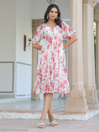 Janasya Bright Georgette Floral Tiered Dress