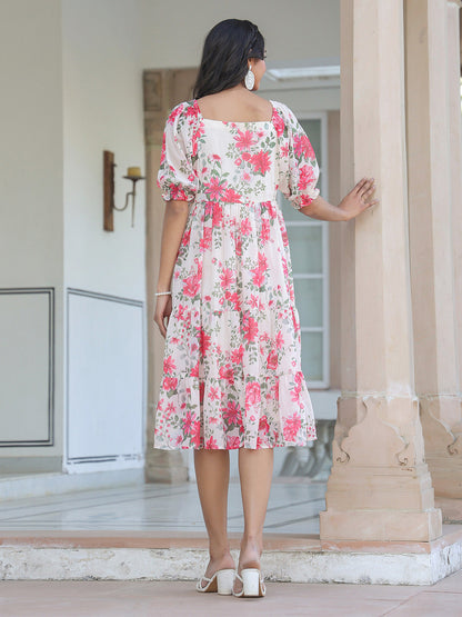 Janasya Bright Georgette Floral Tiered Dress