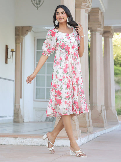 Janasya Bright Georgette Floral Tiered Dress