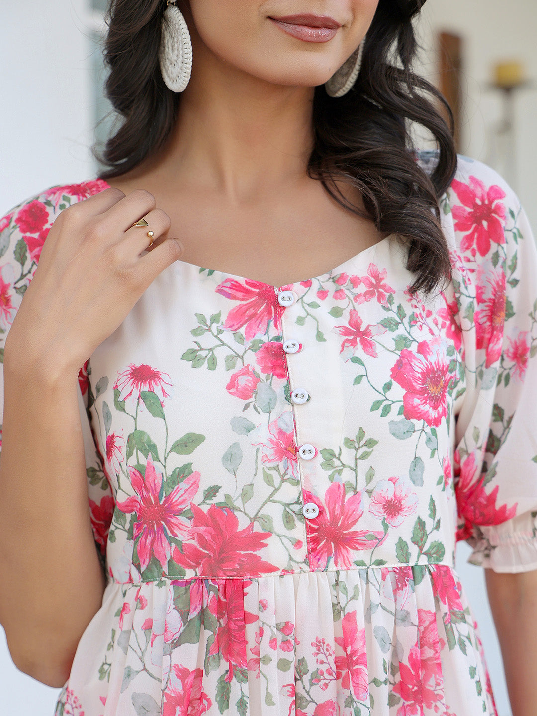Janasya Bright Georgette Floral Tiered Dress
