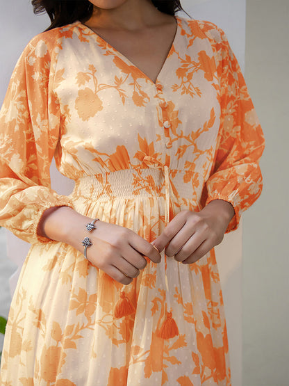 Janasya Bright Georgette Floral Fit & Flare Dress