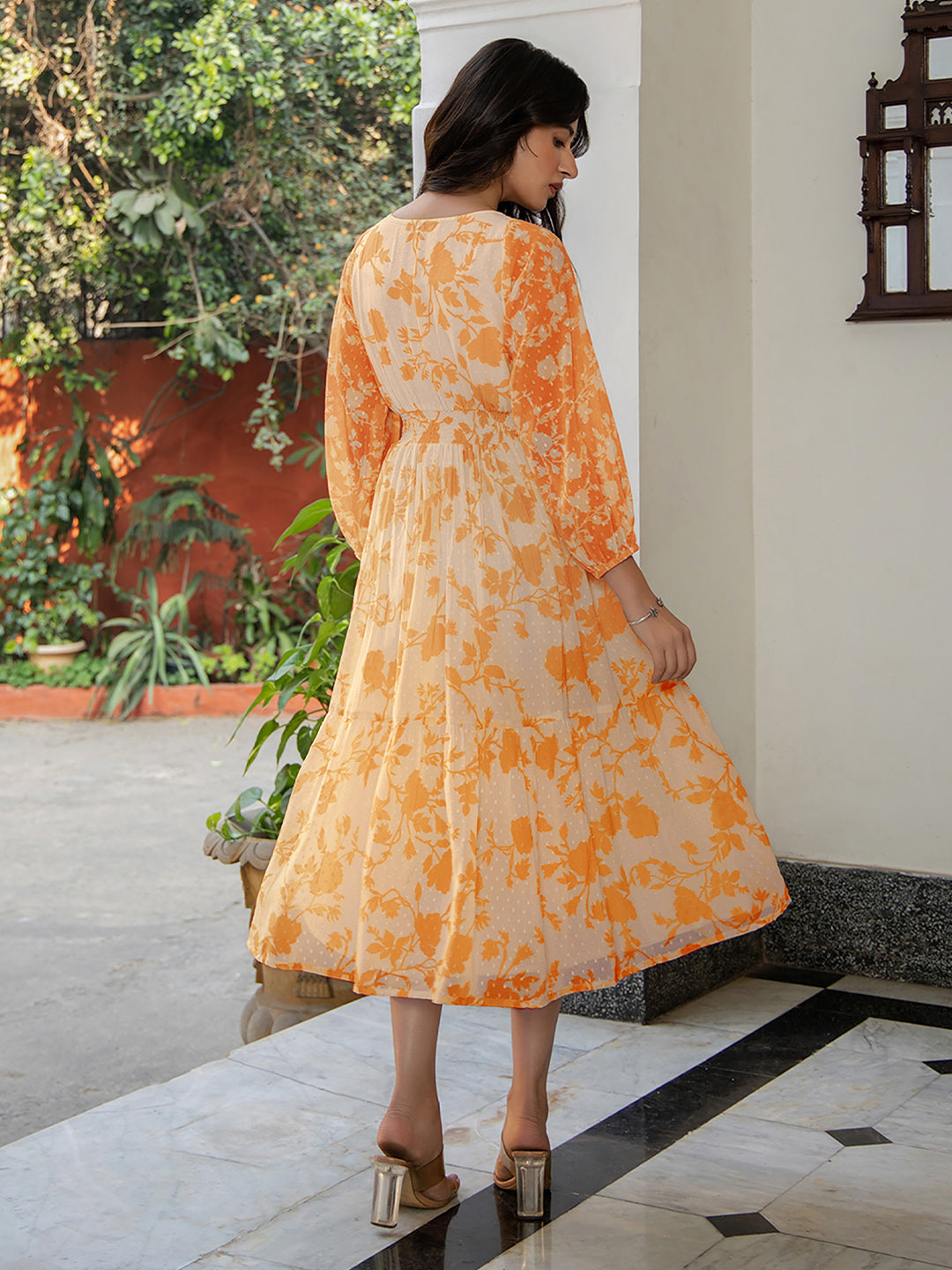 Janasya Bright Georgette Floral Fit & Flare Dress