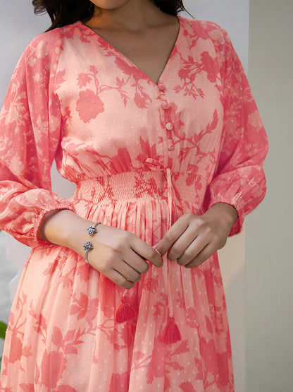 Janasya Bright Georgette Floral Fit & Flare Dress