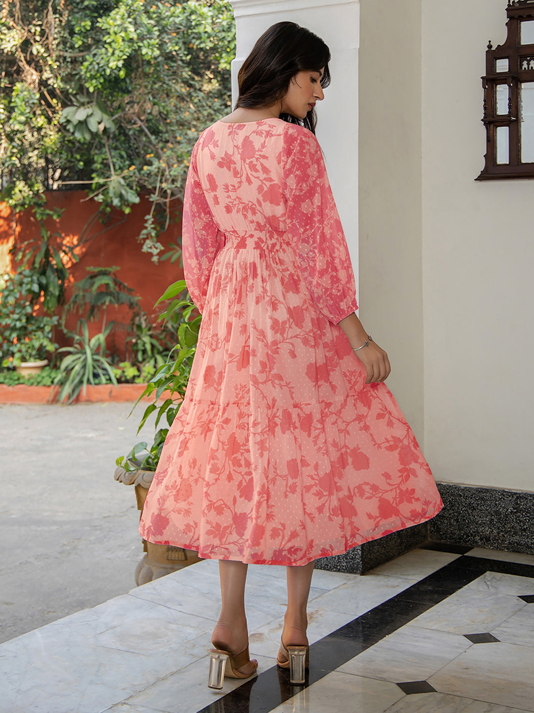 Janasya Bright Georgette Floral Fit & Flare Dress