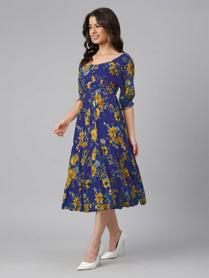 Janasya Bright Georgette Floral Tiered Dress