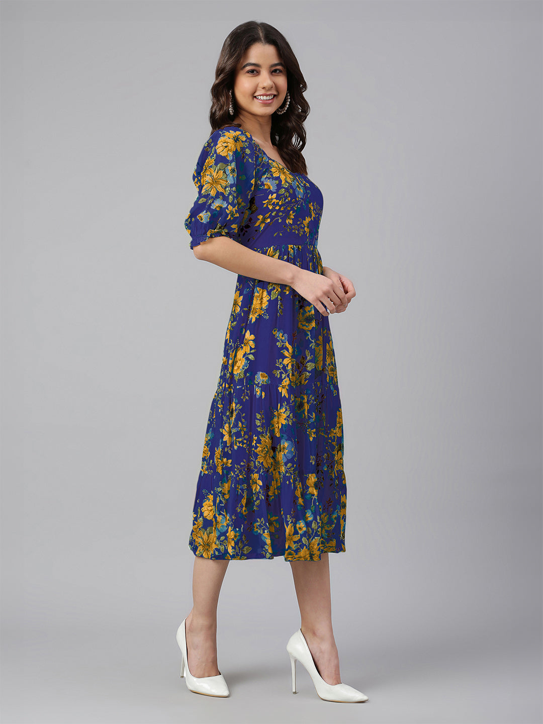 Janasya Bright Georgette Floral Tiered Dress