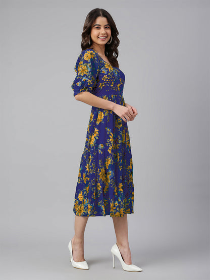 Janasya Bright Georgette Floral Tiered Dress