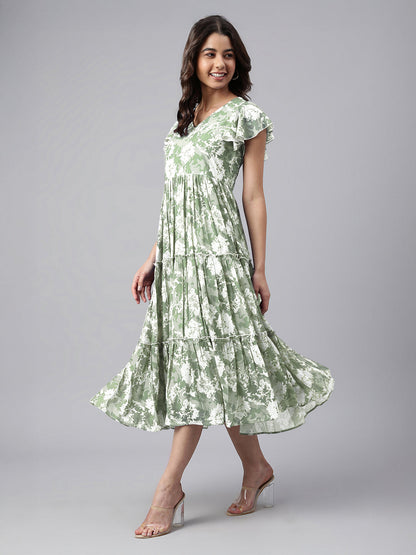 Janasya Dark Georgette Abstract Tiered Dress
