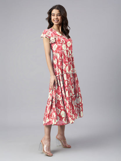 Janasya Dark Georgette Abstract Tiered Dress