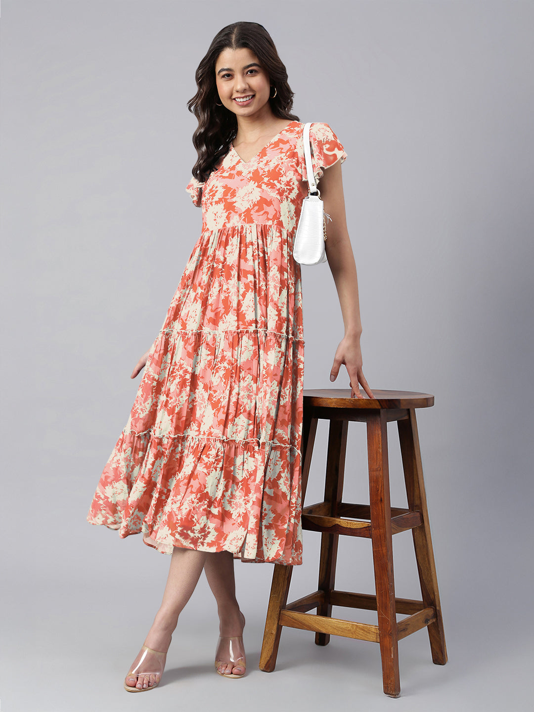 Janasya Dark Georgette Abstract Tiered Dress
