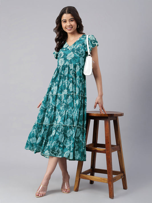 Janasya Dark Georgette Floral Tiered Dress