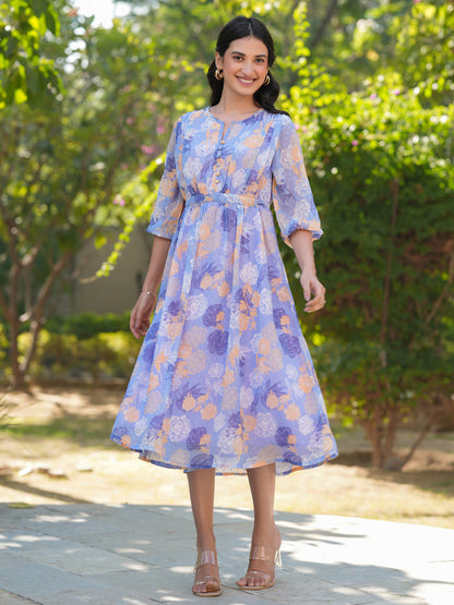 Janasya Dark Georgette Floral A-Line Dress