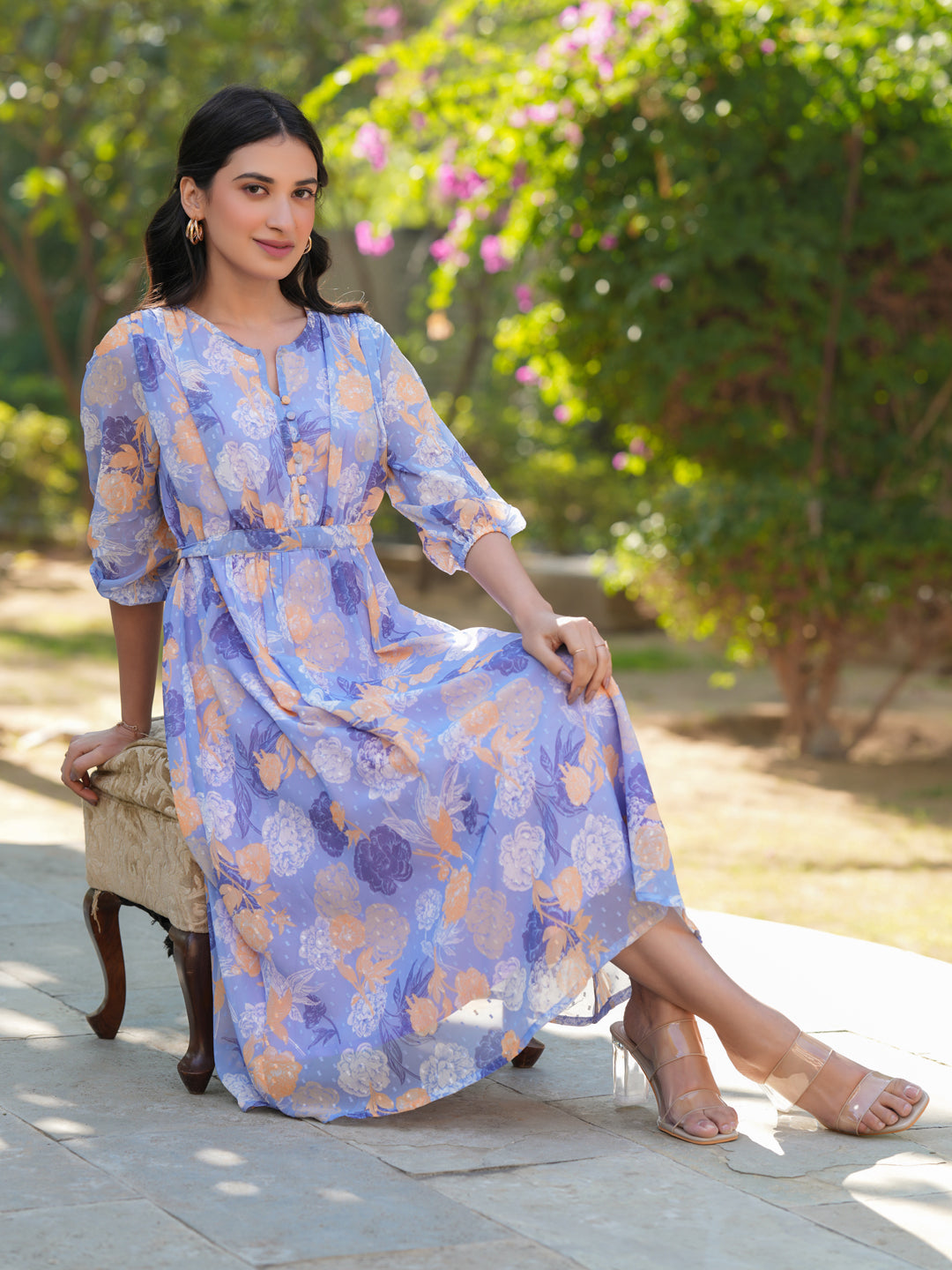 Janasya Dark Georgette Floral A-Line Dress