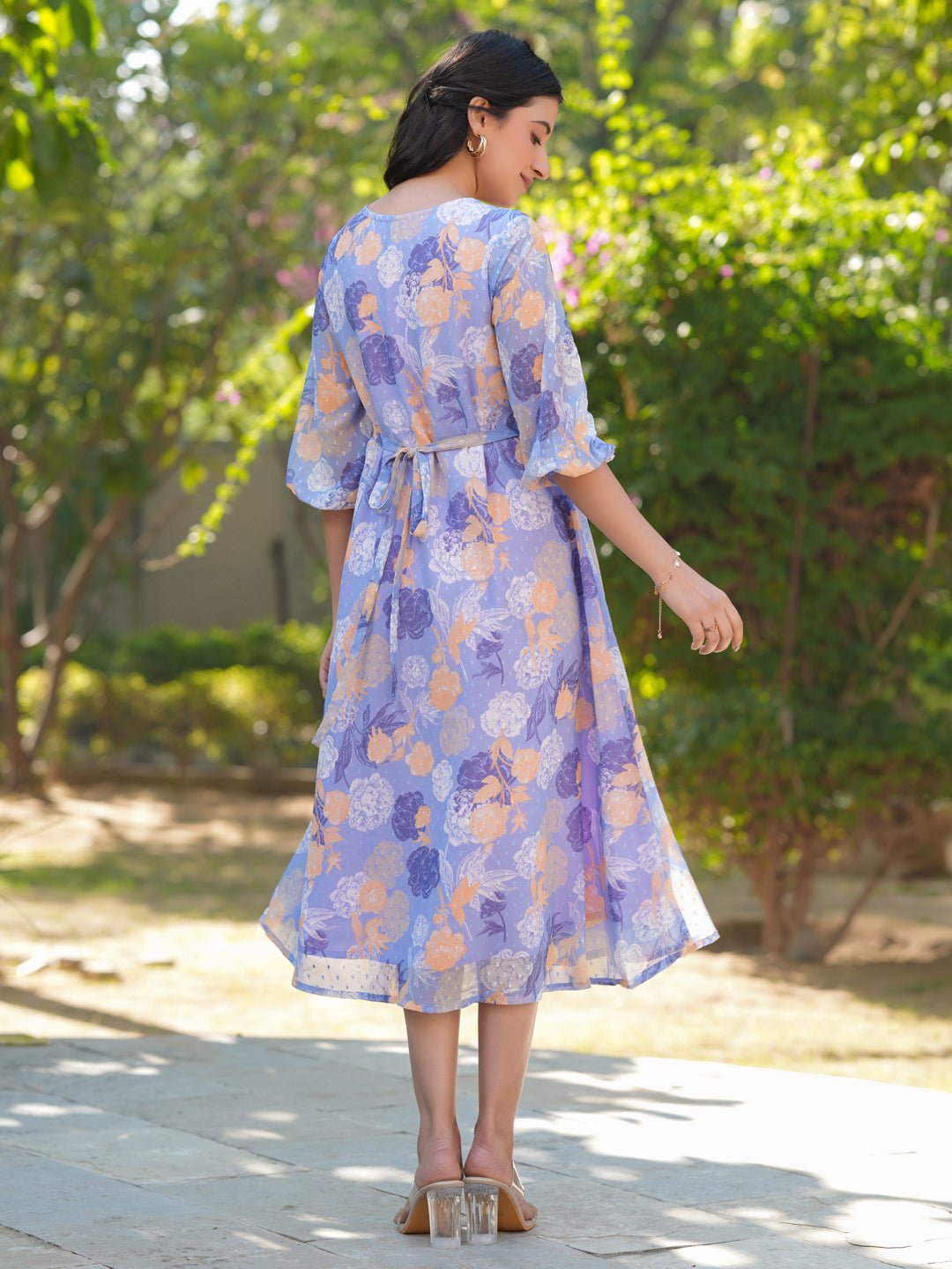 Janasya Dark Georgette Floral A-Line Dress